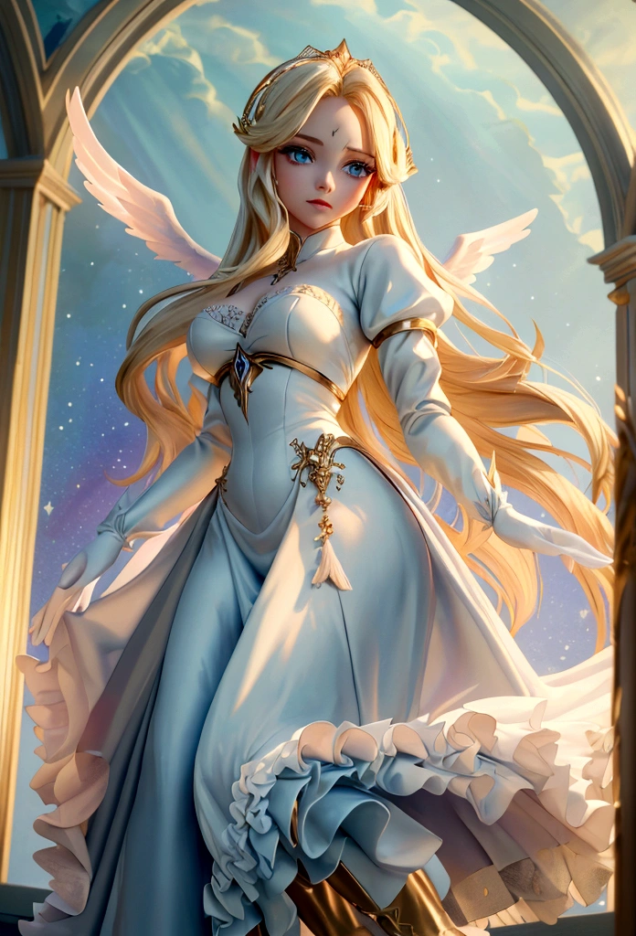 Arafed, a picture of a female angel in high society prom event, divine beautiful female angel, blond hair, long hair, flowing hair, the hair glows in a soft light, cerulean eyes, deep light eyes, divine beautiful face, folded white feather wings, she wears a red evening dress, elegant, intricate detailed dress, silk dress, she wears elegant high heeled boots, exquisite high heeled boots, she stands on the porch of a fantasy castle, dynamic angle, soft torch light, (Masterpiece: 1.5), 16k, highres, best quality, high details, ultra detailed, masterpiece, best quality, (extremely detailed), AngelStyle, GlowingRunesAI_paleblue, Angels Elemental, bj_Devil_angel