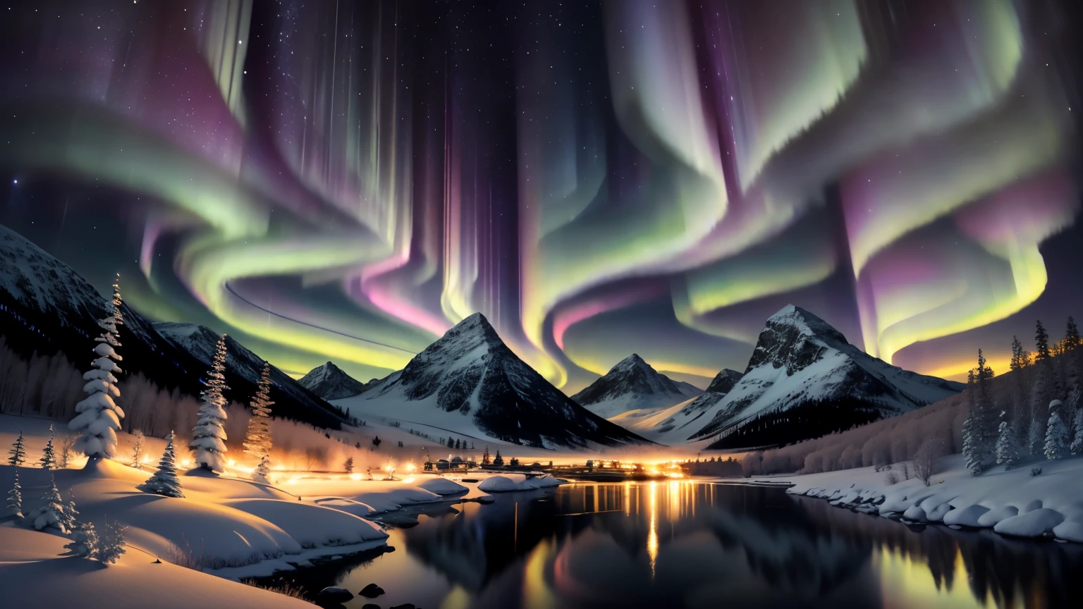 Northern Lights,Bob Ross style,painting,scenic art,landscape,oil paint,soft brush strokes,vivid colors,aurora borealis,night sky,twinkling stars,mountains,snow-capped peaks,reflection on water,peaceful atmosphere,tranquil setting,warm color palette,dramatic lighting,serene beauty,magical glow,ethereal,harmony and balance,subtle texturing,masterpiece:1.2,highres,soft transitions,smooth blending,emotive,atmospheric,awe-inspiring,majestic,calm and soothing,vibrant hues,gentle movement,sublime vistas
