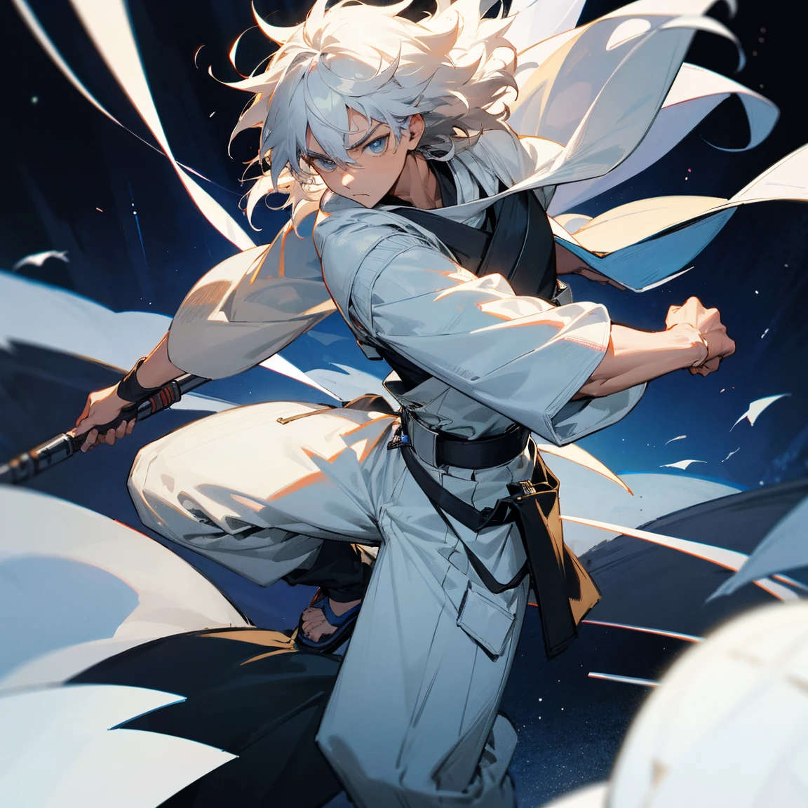 1male , Jedi Outfit , Star Wars , Black Yukata , White Belt , White Baggy Pants , Serious Expression , Muscular , Messy Hair , White Hair , Perfect Generation , Masterpiece Quality,