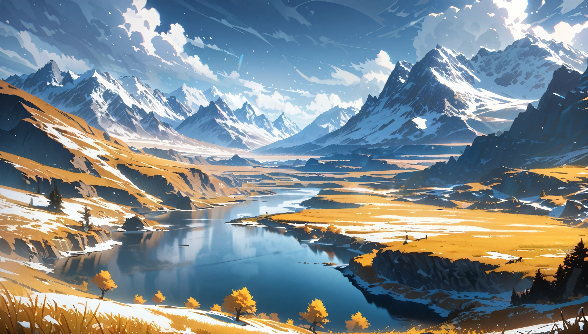 anime aestetics, thundra valley, yellow grass, blue mountain flowers, mountains on the backgrouns, little thundra trees, snow at some places, sku covered in bright grey clouds, northern landscape, fantasy landscape, wide shot, atmospheric perspective, perspective, highres, HD, 4K, best quality, award winning, high quality, super detail, accurate, masterpiece, UHD