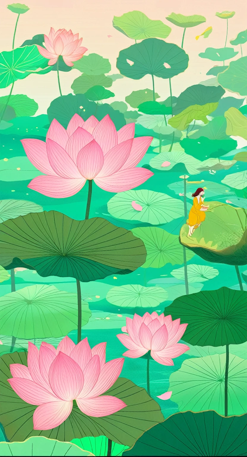 The poster is mainly pink,In the quiet wonderland,The breeze blows the green lotus leaves, The lotus is like a beautiful woman's smile,Glittering in the morning dew。The ancient pavilion is hidden among the hazy smoke and lush trees.,Like a beautiful woman wearing a light veil,Shy and waiting to bloom。The blue waves gently embrace the beautiful figure of Caiting,Bridge corridor,Like a poet humming, The drizzle falls on this quiet lake,Ripples,Like notes jumping on strings,Play a natural。Birds flying over the water,Leaving behind distant songs,All things grow in this peaceful and tranquil place,Only time flows slowly in silence,Freeze this moment of tranquility forever。 In this dream world,The fragrance of flowers,Heart changes with the scene,Every detail weaves a silent love song, Enjoy the lotus flowers and brew tea,Listen to the wind and talk about the past,Let the tranquility of paradise penetrate your heart,In this world outside the clock,Posthumous,With poetry。4k,Ultra HD