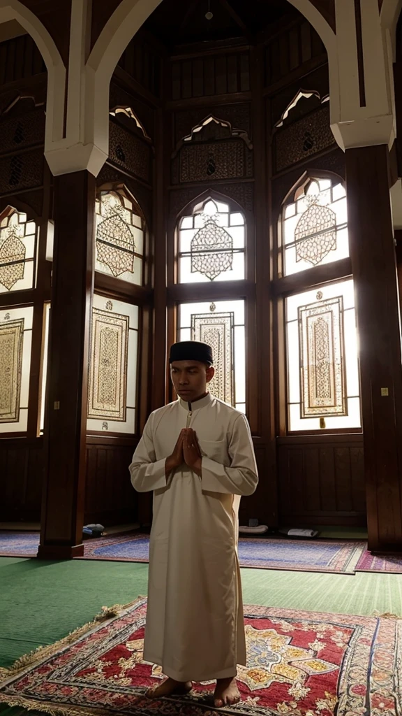 A young Indonesian Muslim stands solemnly performing prayers in a traditional Indonesian mosque. The afternoon sunlight came in through the window, shining on the prayer mats spread on the floor. In the background, the architectural ornamentation of a classic mosque is visible, and the serene space creates a peaceful and spiritual atmosphere during this moment of worship