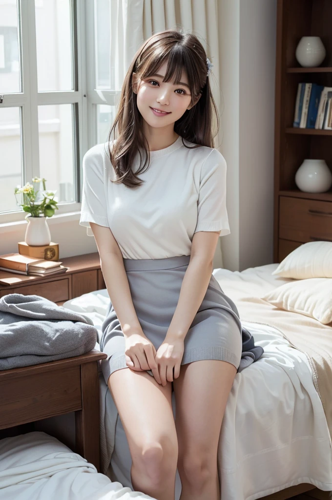 (Highest quality、masterpiece:1.9)、((Neat and clean female college student、1 person))、Soft lighting by a professional photographer、Natural light、((Very spacious white luxurious room:1.6))、((Bright white room:1.6))、(Sitting on a very luxurious white bed:1.2)、(White Bookcase:1.1)、Natural soft light、((Brown Hair:1.1))、Fair skin、Detailed Eyes、double eyelid、Slightly puffy cheeks、((Small Face:1.0))、((Grey knit dress、Please wear it with the chest open.:1.1))、Live-action image quality、(I don't make bangs:1.8)、F cup big breasts、Grey mini skirt、Please wear it with the chest open.:1.2、(smile)、((Girly pose 1.8))、High resolution,、((Long hair without bangs:1.2))、((Full Body Shot:1.2))、Live-action image quality、((Height: 150cm))、Hands in front、Hide your hands between your legs、