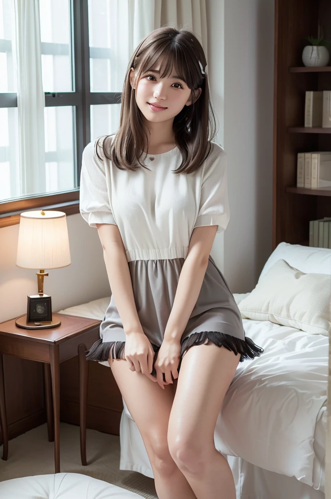 (Highest quality、masterpiece:1.9)、((Neat and clean female college student、1 person))、Soft lighting by a professional photographer、Natural light、((Very spacious white luxurious room:1.6))、((Bright white room:1.6))、(Sitting on a very luxurious white bed:1.2)、(White Bookcase:1.1)、Natural soft light、((Brown Hair:1.1))、Fair skin、Detailed Eyes、double eyelid、Slightly puffy cheeks、((Small Face:1.0))、((Grey knit dress、Please wear it with the chest open.:1.1))、Live-action image quality、(I don't make bangs:1.8)、F cup big breasts、Grey mini skirt、Please wear it with the chest open.:1.2、(smile)、((Girly pose 1.8))、High resolution,、((Long hair without bangs:1.2))、((Full Body Shot:1.2))、Live-action image quality、((Height: 150cm))、Hands in front、Hide your hands between your legs、