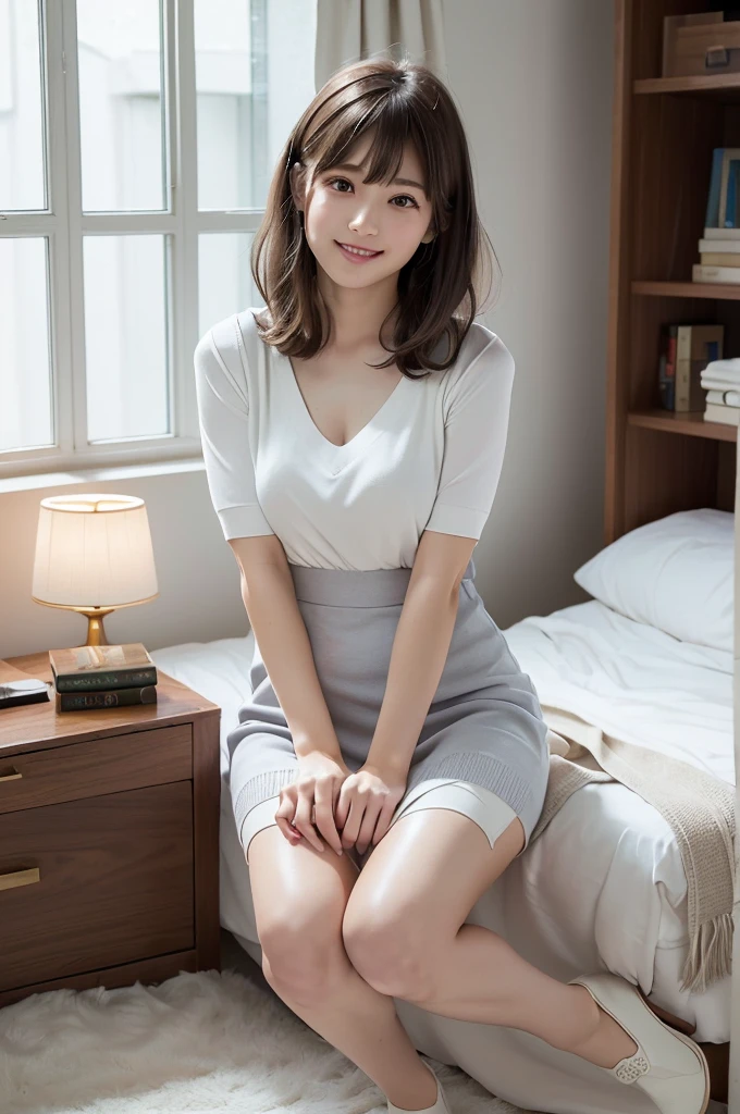 (Highest quality、masterpiece:1.9)、((Neat and clean female college student、1 person))、Soft lighting by a professional photographer、Natural light、((Very spacious white luxurious room:1.6))、((Bright white room:1.6))、(Sitting on a very luxurious white bed:1.2)、(White Bookcase:1.1)、Natural soft light、((Brown Hair:1.1))、Fair skin、Detailed Eyes、double eyelid、Slightly puffy cheeks、((Small Face:1.0))、((Grey knit dress、Please wear it with the chest open.:1.1))、Live-action image quality、(I don't make bangs:1.8)、F cup big breasts、Grey mini skirt、Please wear it with the chest open.:1.2、(smile)、((Girly pose 1.8))、High resolution,、((Long hair without bangs:1.2))、((Full Body Shot:1.2))、Live-action image quality、((Height: 150cm))、Hands in front、Hide your hands between your legs、Show your forehead、