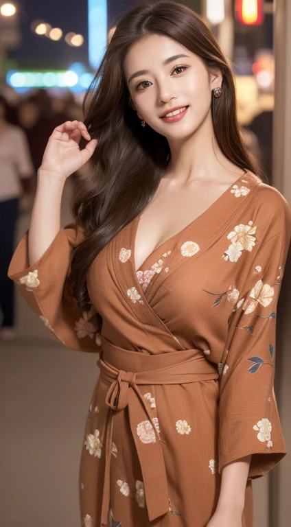 ((highest quality、8k、master piece:1.3))、Self snap、beautiful woman with perfect figure:1.4、(brown long hair、normal breasts:1.3)、(floral pattern yukata)、Highly detailed face and skin texture、detailed eye、double eyelid、laughter:1.5、Full body Esbian、～sacrifice to、in the street、night