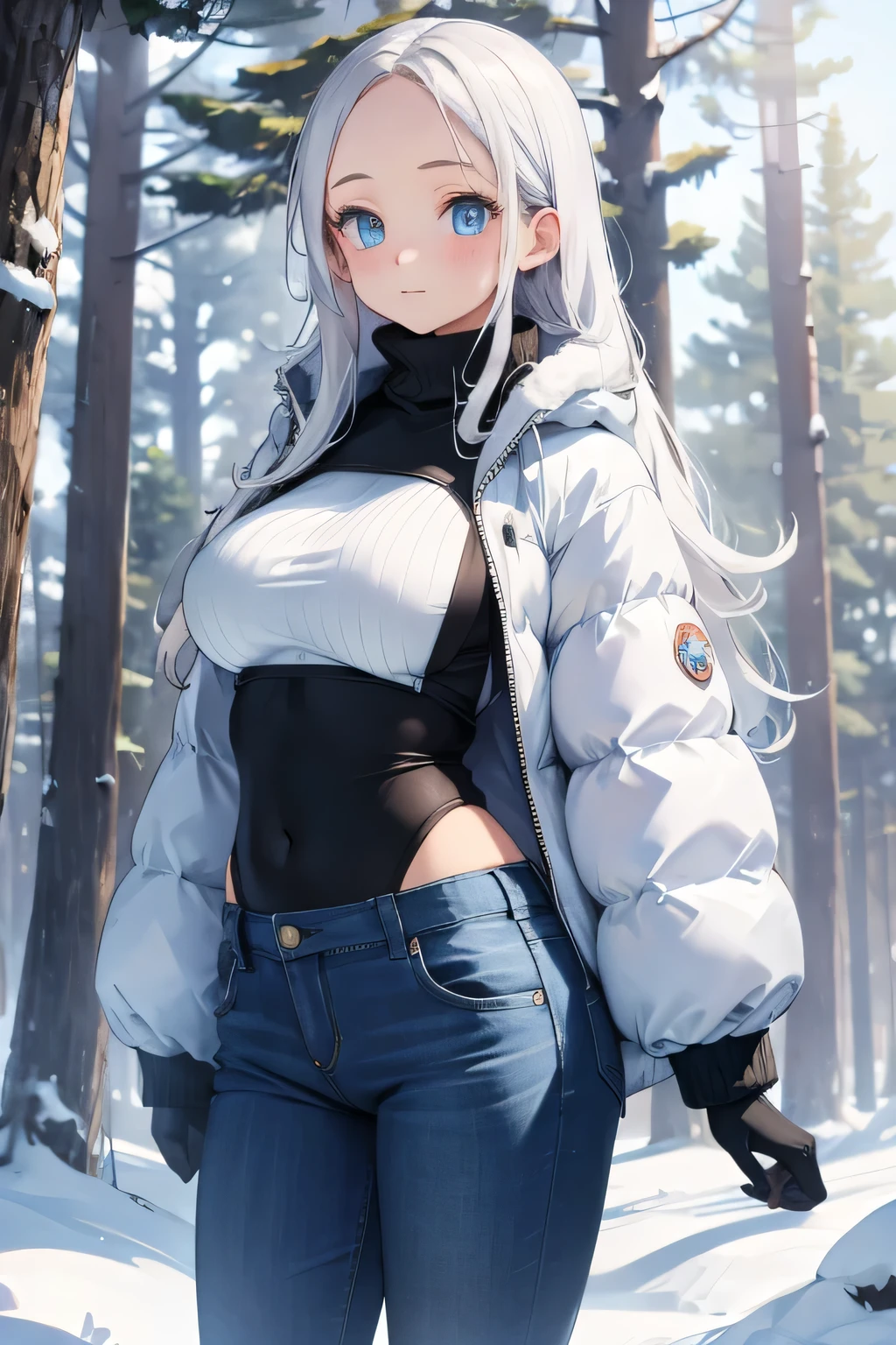 1 girl, single girl, cute, long white hair, light blue eyes, big breasts, big hips, cold jacket, fluffy winter jacket, fluffy turtleneck sweater, blue winter pants, in a forest with snow, snowy, snow