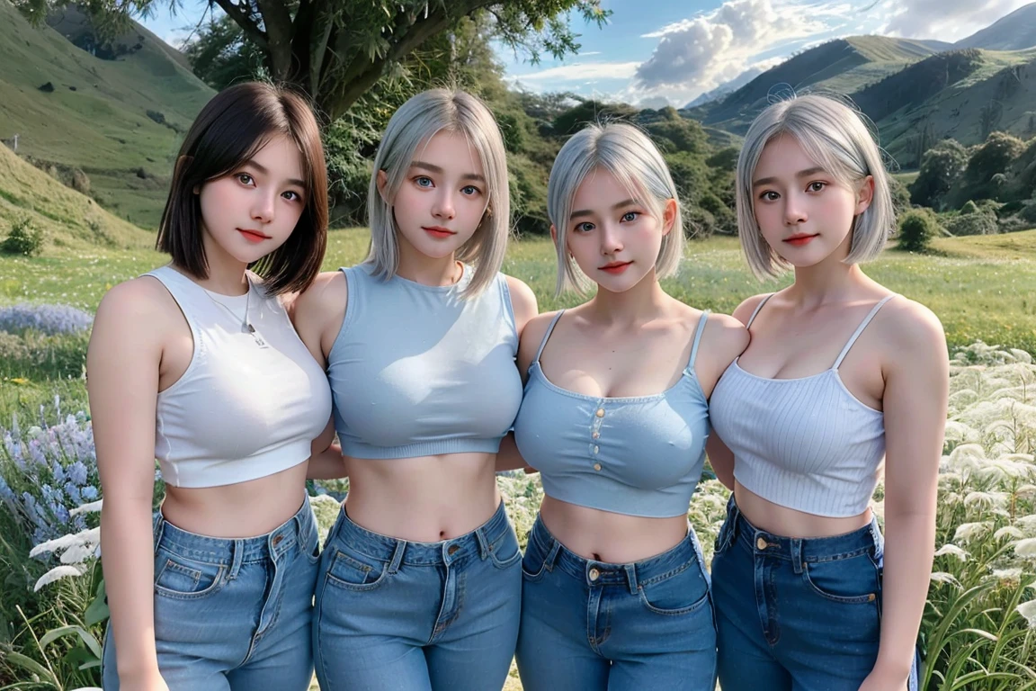 (4 Girls), Indonesian , 20 years old,short hair, white skin, big breast,  blue eyes, meadow, silver hair,  8k,  The details are very realistic..., There is a lot of light..., The best of taking photos wearing jeans.(3 girls)