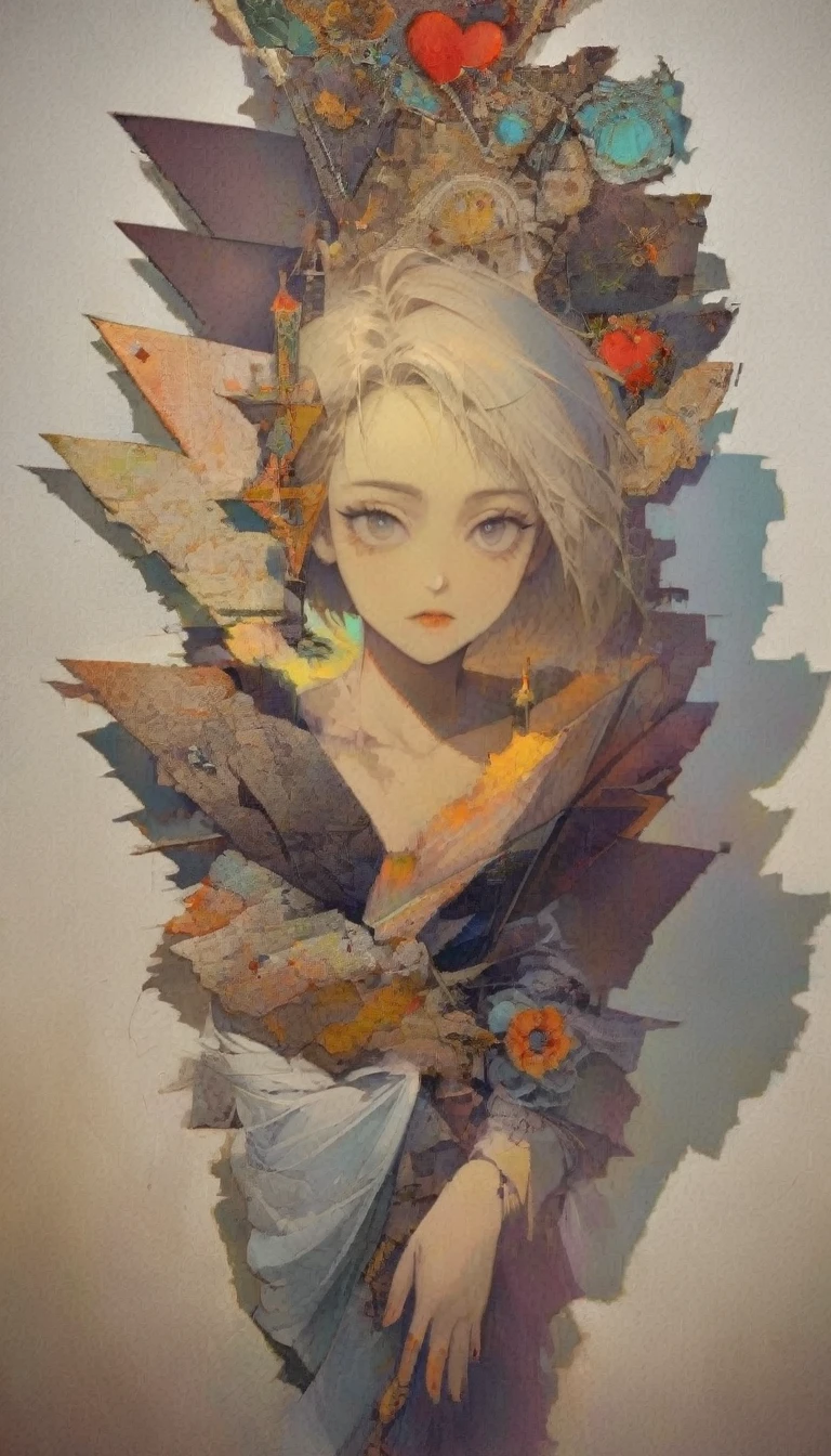 Create a potrait dramatic contemporary digital art from a collage mixed with elements of retro, surrealism, and vintage aesthetics, centering on a intricate details full body of beautiful woman with dramatic blank stare with a pose that is not stiff, details hand