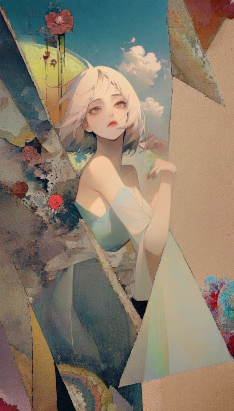 Create a potrait dramatic contemporary digital art from a collage mixed with elements of retro, surrealism, and vintage aesthetics, centering on a intricate details full body of beautiful woman with dramatic blank stare with a pose that is not stiff, details hand