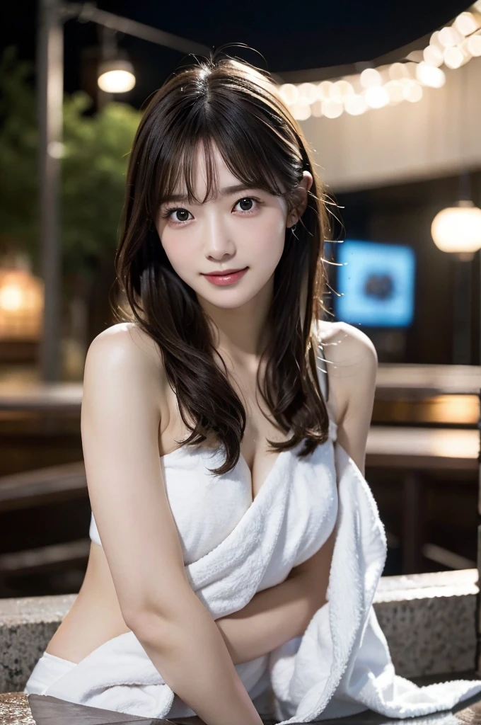 8K、High definition、Ultra Detail、Photorealistic、High resolution、Realistic and accurate depiction、Realistic and accurate human anatomy、Highest quality、Japanese women、masterpiece, Highest quality, Raw Photorealism, smile 、Slender Beautiful Girl, cute, Random Hairstyles, Beautiful and soft breasts, Depth of written boundary, High resolution, Ultra Detail, Very detailed eyes and face, Cinema lighting,Detailed Background,Large open-air bath、Japanese hot springs、Cover yourself with a large square towel、Slim figure、night、Hold a large square towel、Soak in hot water、hostel、Taking a bath、Crowd behind、There are other customers