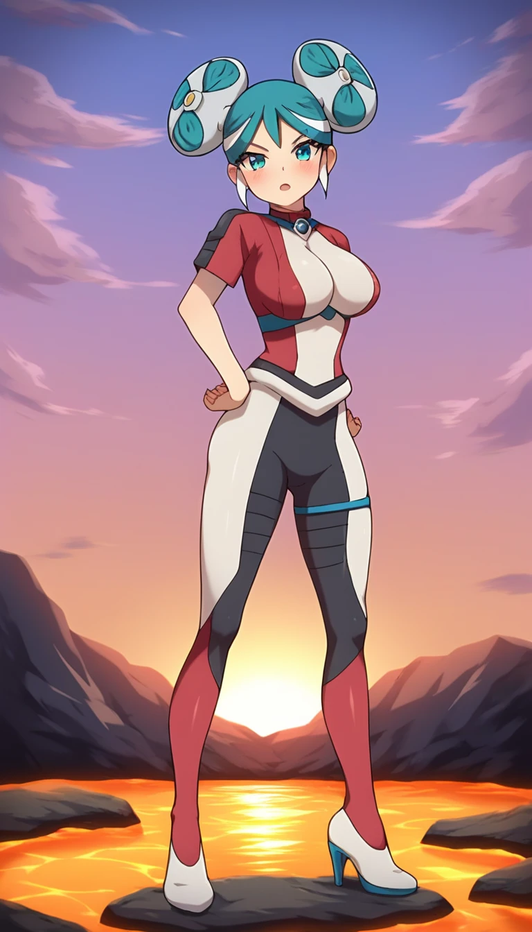 best quality,ultra detailed,looking at viewer,solo,1girl,score_9, score_8_up, score_7_up, score_6_up, score_5_up, score_4_up, source_anime, maquia, two-tone hair, aqua hair, aqua eyes,white bodysuit,big breasts, standing sexy pose, (front view,portrait),full body, standing on lava,heavenly ass, heavenly breasts, big ass, no shoes, wearing white heels, upset, face, long legs