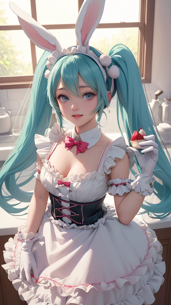 Cute dressed in a costume with a rabbit ears and a bow, hatsune miku, miku, mikudayo, vocaloid, anime girl in a maid costume, maid dress, portrait of hatsune miku, fluffy hat, pom pom, white apron, gloves, twintails, aqua hair, 1girl, dress, kitchen, cooking a cake, bakery utensils, solo, flowing hair, floating hair, ornament hair, perfectly body, perfectly hands, on kitchen, strawberry's, centered girl, maid dress, more details on her clothes, dress with transparency, soft pink details, daylight, smiling, cape, ((4k, masterpiece, top-quality)),8k, best quality, high resolution, HD, (illustration:0.8), super cute girl, delicate and beautiful face, mature girl, super cute hairstyle, (beautiful detailed eyes:1.6), extremely detailed face, perfect lighting, extremely detailed CG, (perfect hands, perfect anatomy), Best quality, cleavage, small skirt, full Body,