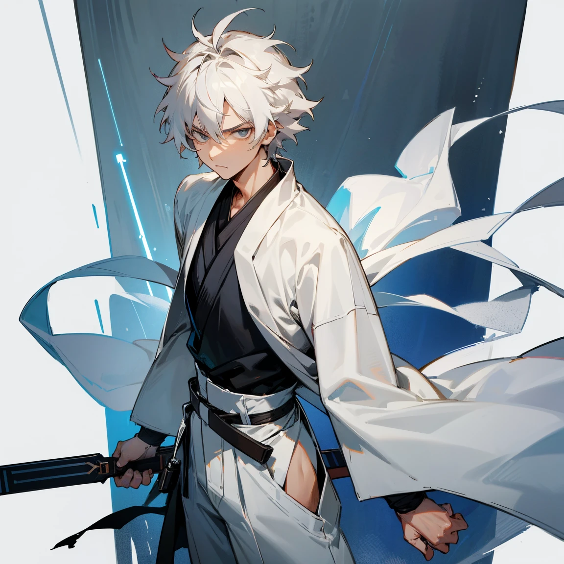 1male , Jedi Outfit , Star Wars , Black Yukata , White Belt , White Baggy Pants , Serious Expression , Muscular , Messy Hair , White Hair , Perfect Generation , Masterpiece Quality,