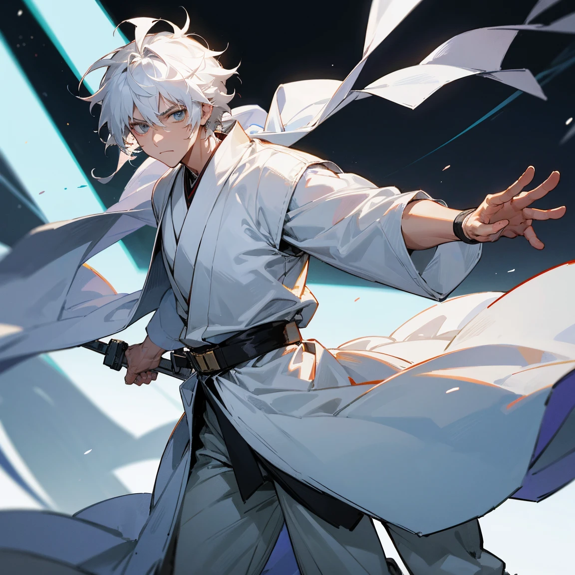 1male , Jedi Outfit , Star Wars , Black Yukata , White Belt , White Baggy Pants , Serious Expression , Muscular , Messy Hair , White Hair , Perfect Generation , Masterpiece Quality,