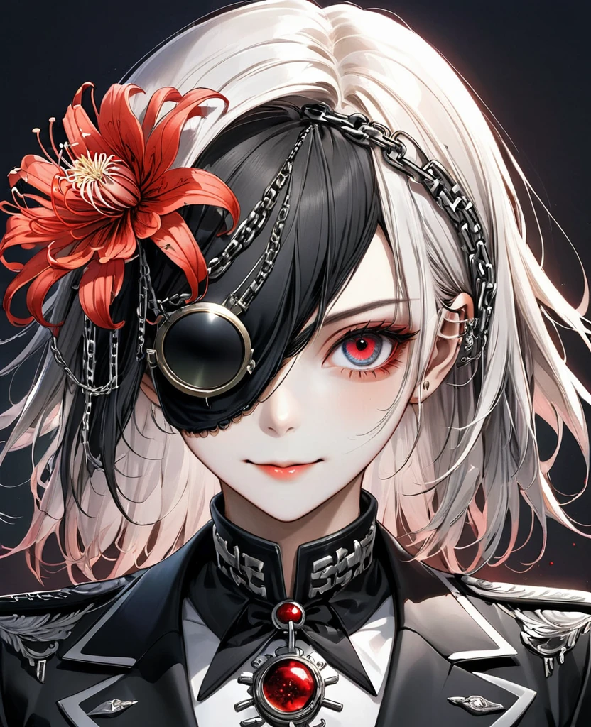 (Digital Illustration，Detailed anime style，Heavy Metal Cyberpunk，Pearl tassel eye mask，Portrait of girl wearing mask eye patch，Solitary，symmetry)，(Big colorful eyes，Fashionable and exquisite facial features，Exquisite makeup，Smooth skin，Smile，Soulful gaze，)，(Straight Hair，Hairpin)，(Black suit，Epaulettes-Chain，cool，)，(((Correct human anatomy)))，Red spider lily from，Flourishing red spider lily，Skeleton，