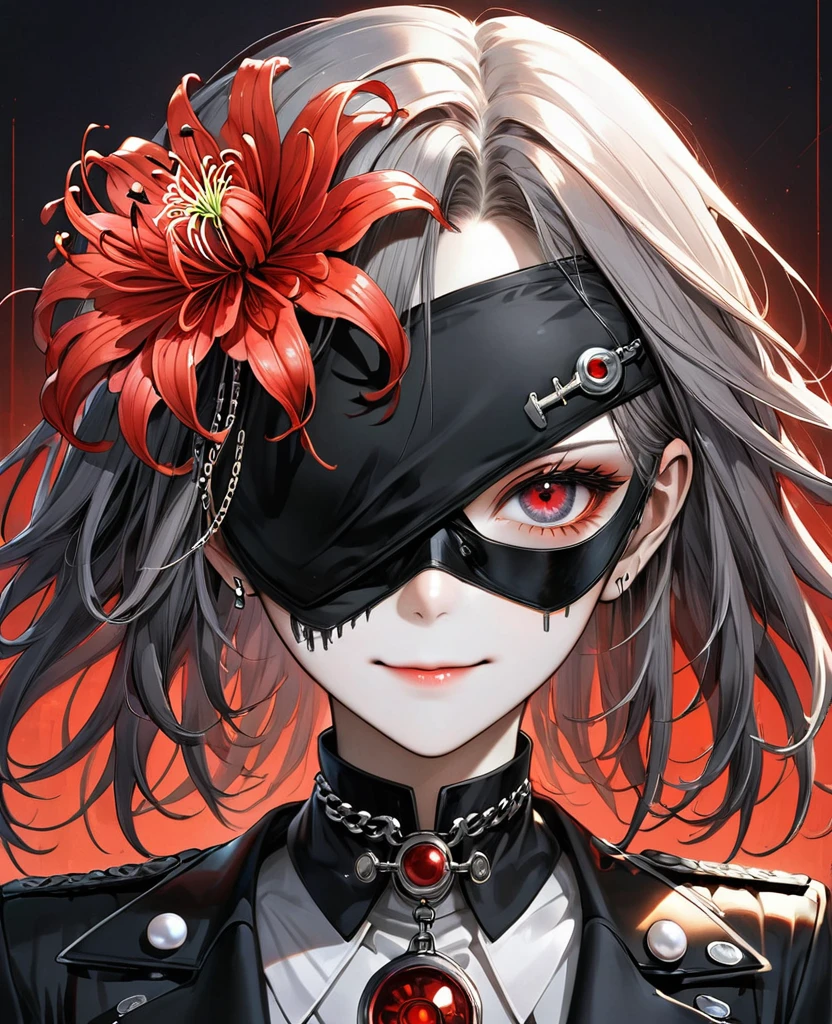 (Digital Illustration,Detailed anime style,Heavy Metal Cyberpunk,Pearl tassel eye mask,Portrait of girl wearing mask eye patch,Solitary,symmetry),(Big colorful eyes,Fashionable and exquisite facial features,Exquisite makeup,Smooth skin,Smile,Soulful gaze,),(Straight Hair,Hairpin),(Black suit,Epaulettes-Chain,cool,),(((Correct human anatomy))),Red spider lily from,Flourishing red spider lily,Skeleton,