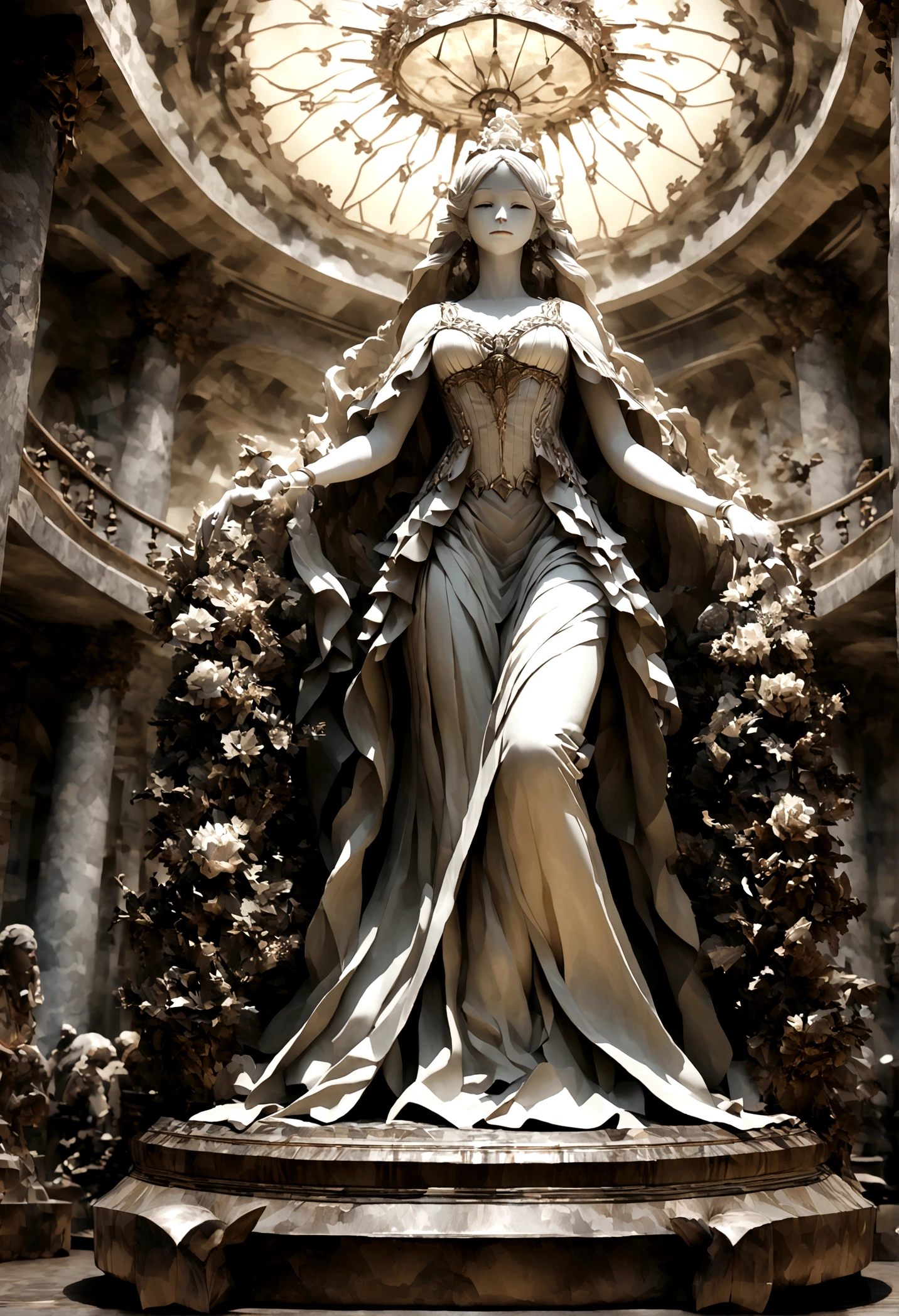 'High detail RAW color art,3d,rendering)Marble skin,high-angle,Marble statue of,(((Ultra-detailed and elegant))),White-colored skin,Magical atmosphere,(Face Focused),(detailedskin,skin textures),(iintricate,finedetail,hyper-detailing),Ray traching,sub surface scattering,diffused soft lighting,Shallow field deep sharp caustic scene