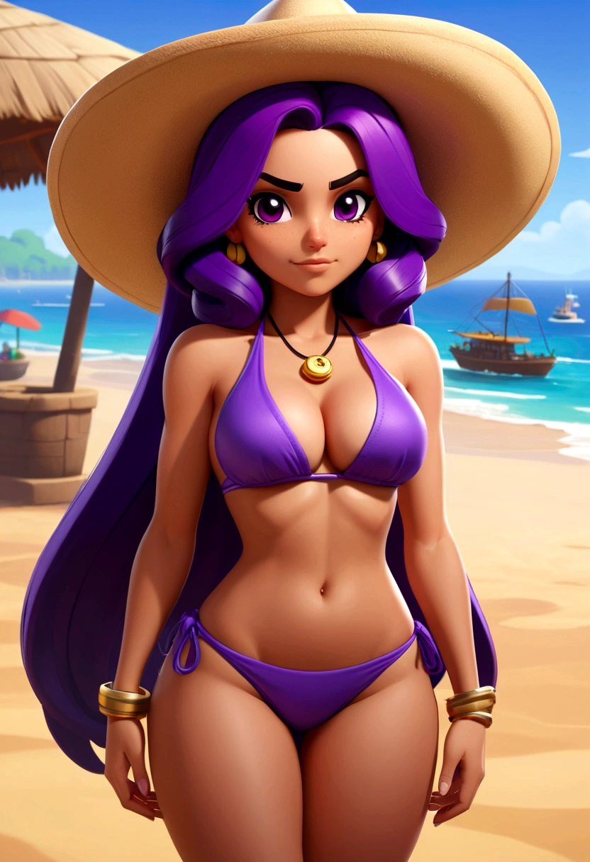 Shantae from half genie hero, at the beach, tanned skin, purple hair