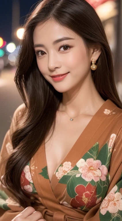 ((highest quality、8k、master piece:1.3))、Self snap、beautiful woman with perfect figure:1.4、(brown long hair、normal breasts:1.3)、(floral pattern yukata)、Highly detailed face and skin texture、detailed eye、double eyelid、laughter:1.5、Full body Esbian、~sacrifice to、in the street、night