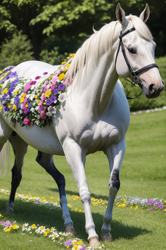 Crie um jardim de flores coloridas com um cavalo feito de flores deitado