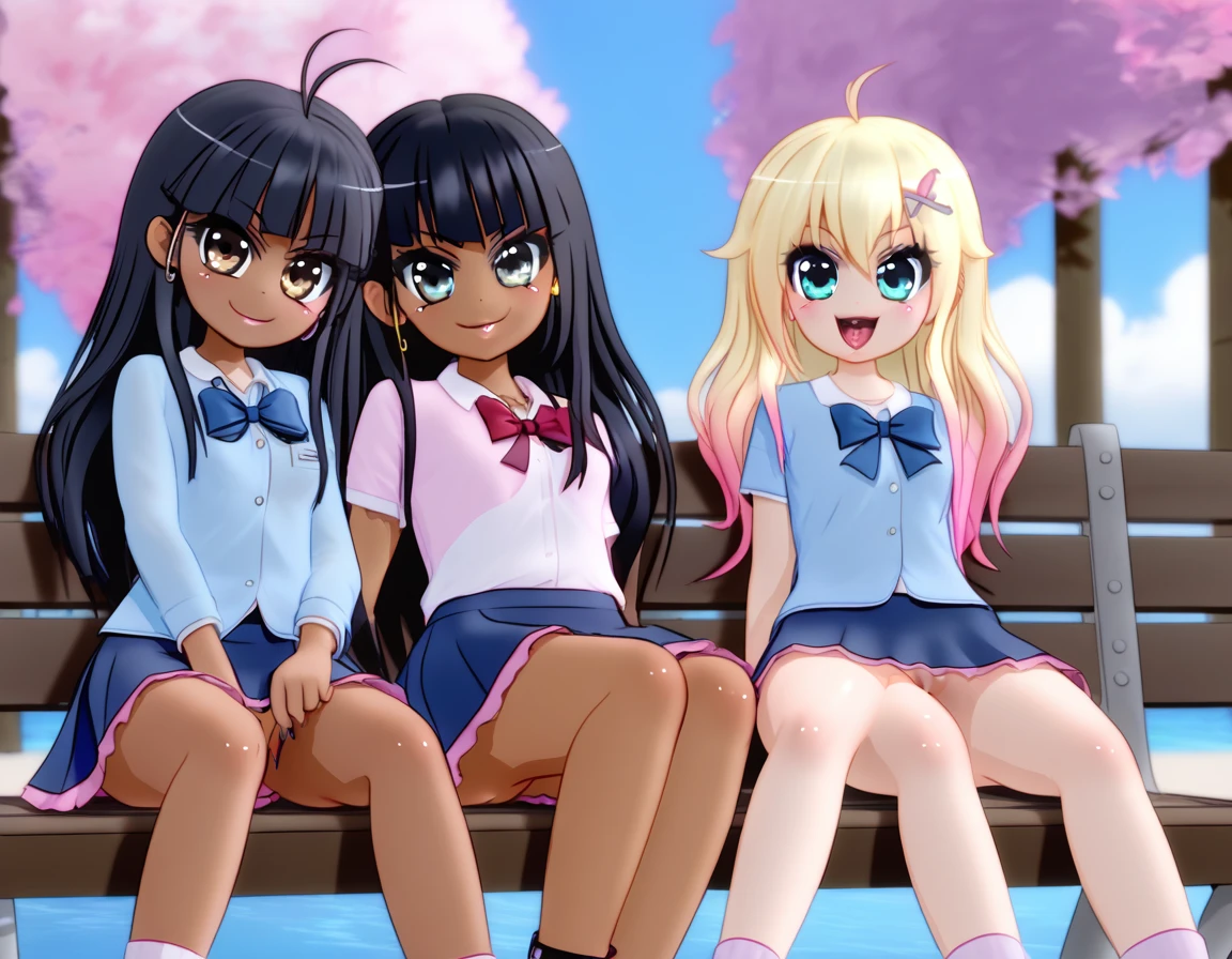 (masterpiece), best quality, highly detailed faces, (SHARP details), 4k, highly detailed, expressive eyes, SHARP detail expressive eyes, (SHARP detail perfect face), By mantis-x, gyaru, young girls, small breasts, playful smile, (black hair), sitting, ((dark skin)), slutty, sitting on a bench, long hair, daytime, (multiple girls), shirt, skirt, detailed pussy, upskirt, 