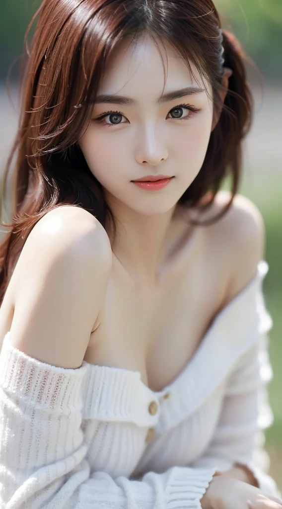 1 female, (Ultra Practical, high resolution), (Very detailed eyes, Highly detailed hair, Highly detailed face, Plump lips with rich details), (off shoulder with open breast), breast, Upper Body, Find a smile, Silver-blonde hair, (best quality:1.4), RAW photos, (Practical, photo-Practical:1.37), Professional photography, light, (Delicate face: 1.2),
