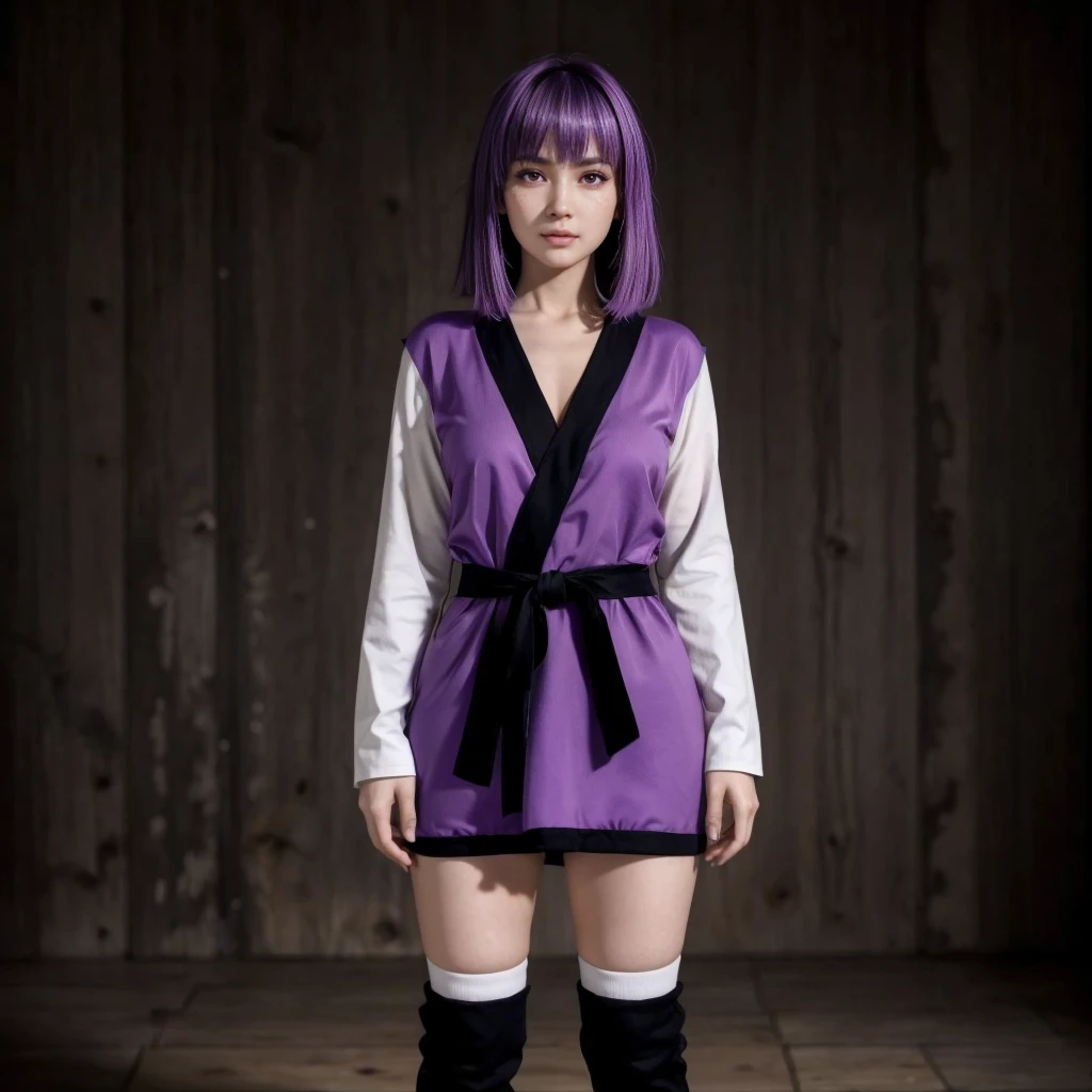 Ayane, cabelo roxo, (melhor qualidade, ultra-detalhado), (realista:1.37), rosto lindo e detalhado, ultra-realista texture, rosto delicado, corpo delicado, batom vermelho, cores brilhantes. High definition, 8K, pernas bem definidas