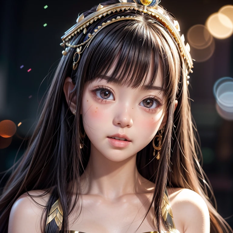 NSFW, 8k, High-level, absurd, masterpiece, best quality, primitive, very detailed CG, very detailed wallpaper, perfect lighting, Extremely detailed ((( personifying " Cleopatra " as a Little Girl))), MysticSight, Tyndall effect, Tyndall scattering, (Studio gray background with (Overflowing oodles Dazzling RainbowColorParticles (BokeH))), (RoundlyButts, ThighGap), (Exposed:0.4), (Assfocus with looking ahead) BREAK  (Acutance:0.88), (NOGIZAKA face variations) Extremely Detailed very KAWAII face variations, perfect anatomy, Childish, CaptivatingGaze ElaboratePupils detailed Eyes with (sparkling highlights:1.28), (Voluminous LongEyelashes:0.88)、GlossyRED Lips with beautiful details, RosyCheeks, Radiant PearlSkin with Transparency . { (Dynamic LifeLike expressions:1.4) | (:d) }, (large eyes:-1) .