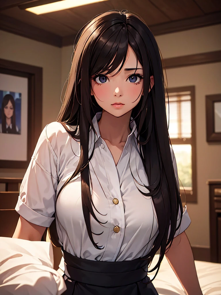 (masterpiece、top-quality、hight resolution), We capture a woman who has just been discovered as a call girl by a man she is familiar with. Despite the awkward situation, she tries to remain calm and professional. She speaks with a mixture of resignation and determination." Please treat me like any other call girl. Thank you for choosing me. Please feel plenty comfortable with me and please pucker up a lot." The setting is a dimly lit room, and the focus is on her efforts to maintain a professional, if nervous, demeanor in her call girl attire.