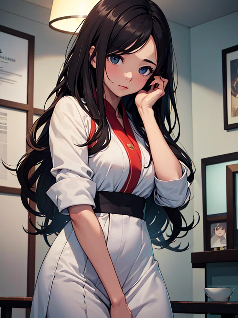 (​masterpiece、top-quality、hight resolution), We capture a woman who has just been discovered as a call girl by a man she is familiar with. Despite the awkward situation, she tries to remain calm and professional. She speaks with a mixture of resignation and determination." Please treat me like any other call girl. Thank you for choosing me. Please feel plenty comfortable with me and please pucker up a lot." The setting is a dimly lit room, and the focus is on her efforts to maintain a professional, if nervous, demeanor in her call girl attire.