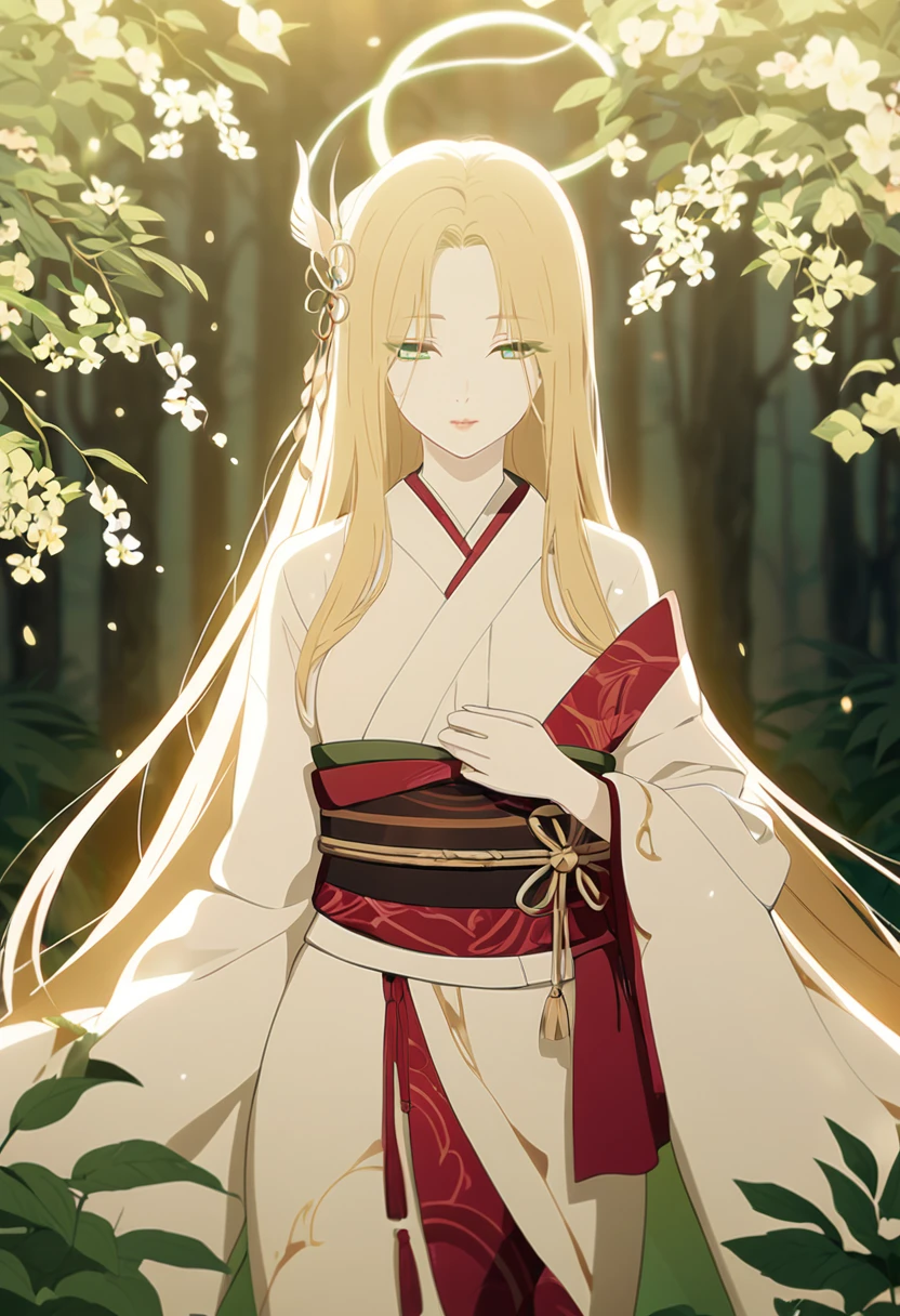 A stunningly beautiful anime girl, her long raven hair flowing freely around her delicate features. She has striking emerald green eyes that seem to glow with an inner light, accentuating her porcelain skin. Her  figure is accentuated by a form-fitting kimono, its intricate gold and crimson patterns draped elegantly across her voluptuous curves. The kimono is adorned with a sash tied neatly around her waist, from which dangles a long, flowing ribbon that billows in the breeze. Her lips are painted a deep shade of crimson, contrasting beautifully against her pale skin. The girl stands in a serene forest clearing, the sunlight filtering through the trees and casting a warm, golden glow over her ethereal form. She is surrounded by lush greenery and vibrant flowers that seem to grow more abundantly in her presence. In the distance, the gentle sound of a stream can be heard, creating a peaceful, serene atmosphere. The girl's expression is serene and calm, her emerald eyes focused on something beyond the viewer's perspective, as if lost in thought or deep contemplation.