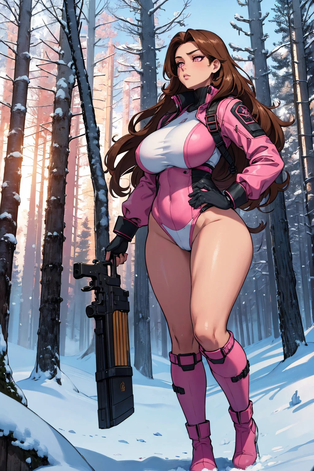 a ultra high quality fully detailed master piece 32k fully body attractive young woman with long brown wavy hair, light skin, pink eyes, a serious face, huge breasts, pink warm spy attire, long snow boots, curvaceous hourglass figure, long legs, thick thighs. This woman wears snow gear. She holds a pistol in her right hand. Background is a snowy forest in Germany.