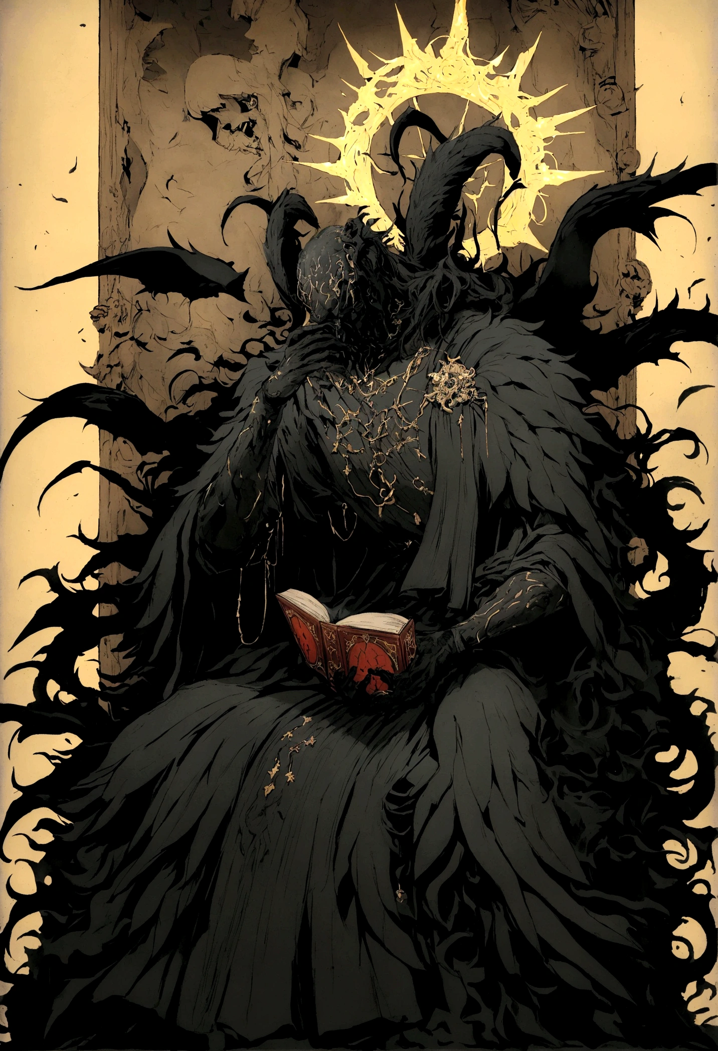 Obra de arte:1.2, melhor qualidade, ultra detalhado, macho, rosto humano com cifres, focado, celestial demon wizard, Jovem, serious, frio, horns on her head and a shining golden halo behind her symbolizing her celestial and demonic duality, two large black wings that combine bright plumes with a dark and threatening appearance, cabelo negro, estilo de kentaro miura, fantasia, SCI-FI, fundo claro, a painting of a man in a black robe sitting in a wheelchair, holding an open ancient magical book, Vista-o com vestes escuras e majestosas com detalhes dourados, cabelo negro, cabelos escuros, anjo demoniaco, plumas negras, asas negras grandes, inspired por Edmundo Blampied, inspired por Nicola Samori, inspirado em Pietro Longhi, por Nicola Samori, por Edmundo Blampied, Direction: Stephen Gammell, Estilo Stephen Gammell, figura sinistra ao fundo, Direction: Leonaert Bramer, Direction: Johann Kaspar Füssli .