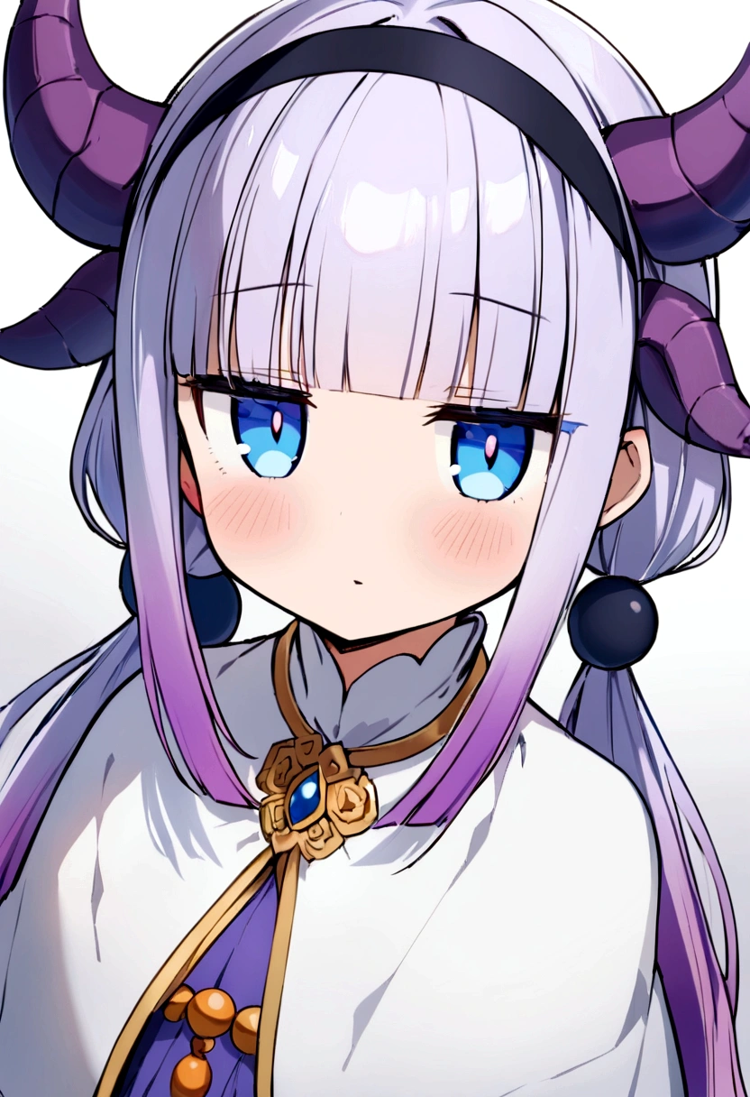 best quality, masterpiece, highres, solo, {kanna_kamui_kobayashisanchinomaidragon:1.15}, long_hair, light_purple_hair, blue_eyes, hair_ornament, bangs, blush, multicolored_hair, twintails, blunt_bangs, hair_beads, beads, hairband, gradient_hair, low_twintails, horns, dragon_horns, purple_hair, 1girl, capelet, dragon_girl, jitome, upper_body, looking_at_viewer, meme, black_hairband,High-angle shot