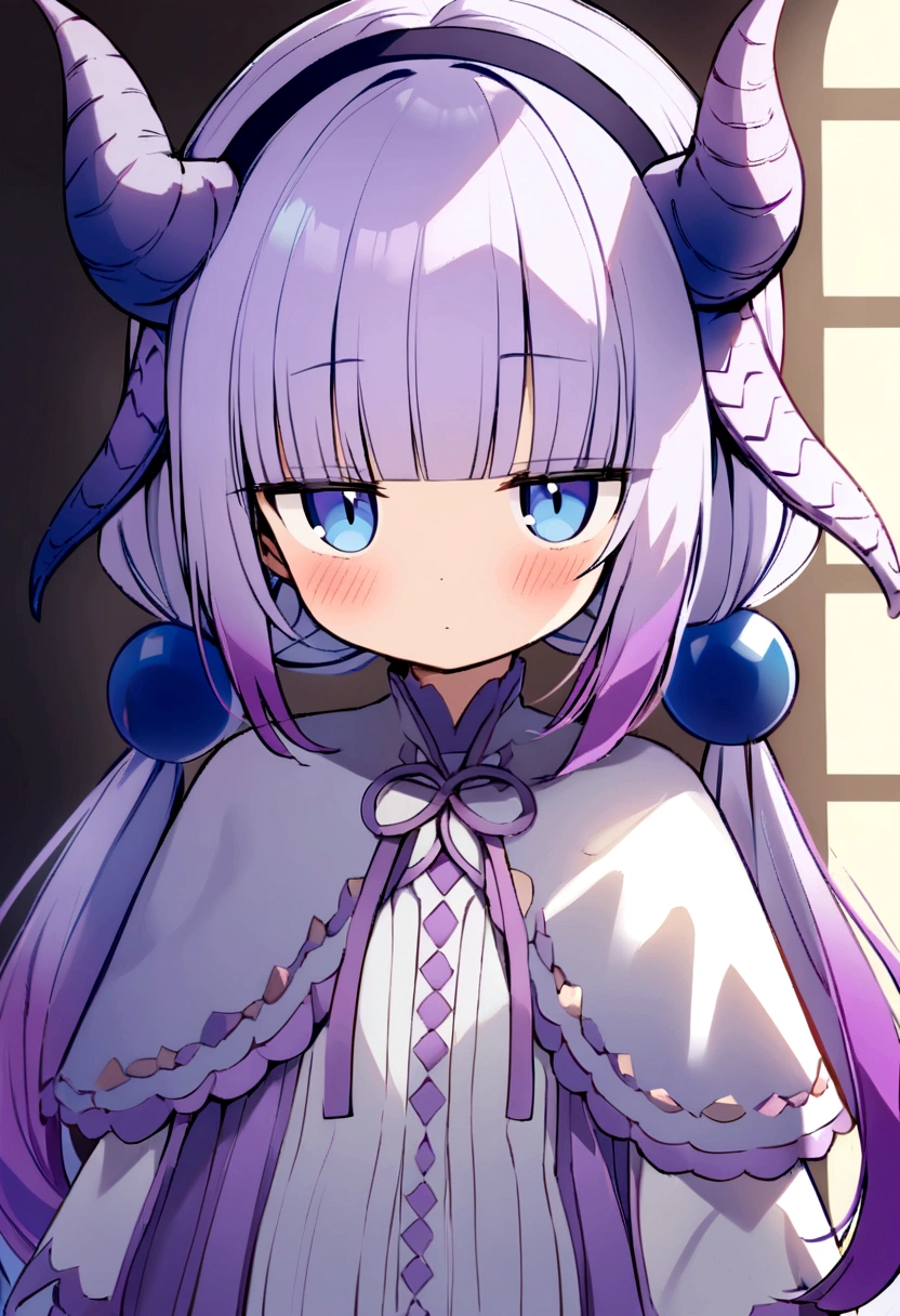 best quality, masterpiece, highres, solo, {kanna_kamui_kobayashisanchinomaidragon:1.15}, long_hair, light_purple_hair, blue_eyes, hair_ornament, bangs, blush, multicolored_hair, twintails, blunt_bangs, hair_beads, beads, hairband, gradient_hair, low_twintails, horns, dragon_horns, purple_hair, 1girl, capelet, dragon_girl, jitome, upper_body, looking_at_viewer, meme, black_hairband,High-angle shot