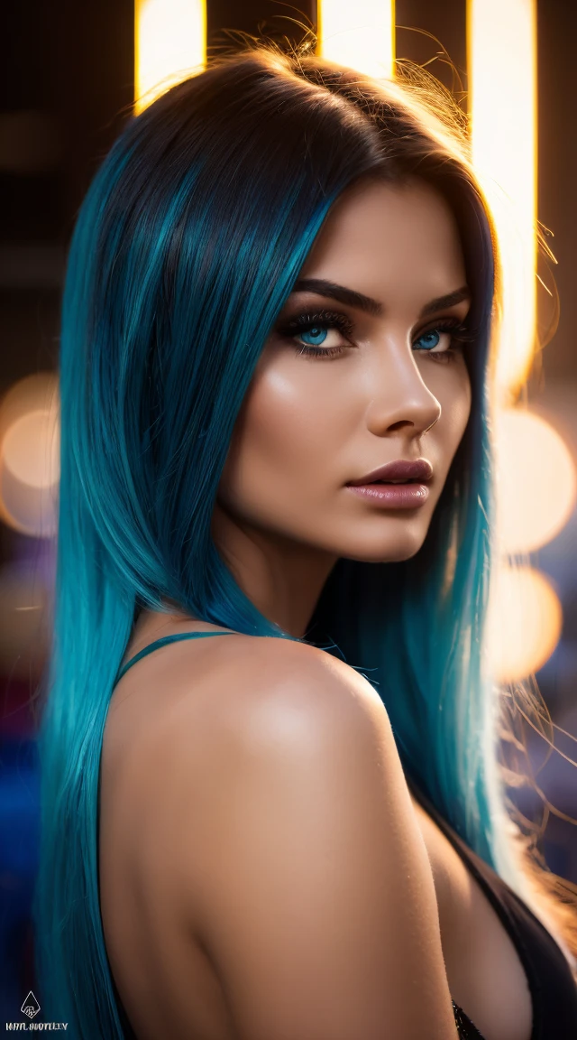 Hyper realistic professional mid body portrait, one stunningly beautiful 20 years old girl, shining long blue colored hair, long curly hair, hyper detailed and perfect, intense detailed eyes, perfect face, dark makeup ultra detailed, extemly detalled and perfect face, hyper detailed perfect lips, ultra most beautiful woman ever, cinematic photo neon sign,neon lights, sunset, reflective puddles, scifi,85mm photograph, film, bokeh, professional, 4k, highly detailed, sharp focus