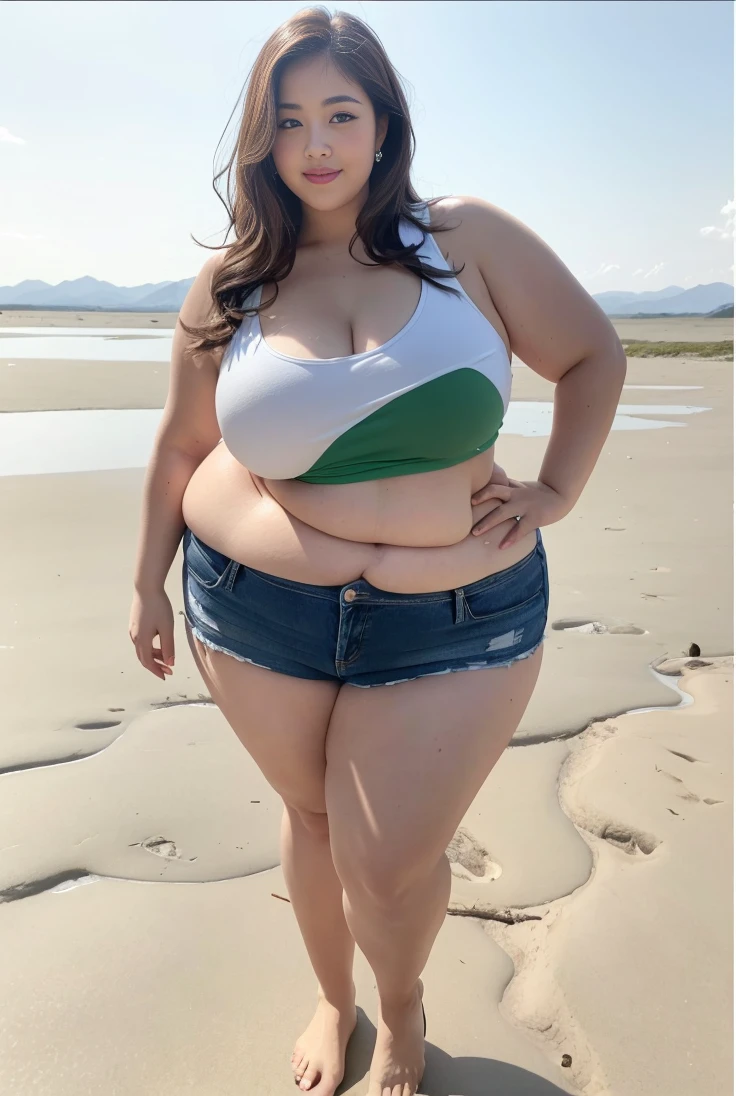 ((Best Quality, 8K, Masterpiece: 1.3)), Chubby woman smile ((best quality)), ((masterpiece)), (detailed), perfect face, USA woman fat in a dark-blue shirt and blue denim skirt walking down a street, thicc, she has a jiggly fat round belly, bbwchan, wearing tight sexy clothes, skinny waist and thick hips, widest hips, her belly is fat and round, soft curvy shape, hyperrealistic full figure, wearing a cute top, wide hips, cropped shoulders,Bare belly,(big assa:0.7),show legs,, thicc, beautiful thick female, beautiful curvy female,, Tall and tall,clear curvy details, curvy hourglass figure, alluring plus sized model, bbwchan, Voluptious body, Curvy model, Curvy body, Be red in the face, 1girll fat , a matural female, A MILF, the golden ratio,(Kpop idol),(Oil skin:1.2),(Oil skin:1.1) background High quality, HD, realistic, HDR. mountain refuge in grey stone, blends into the panoramic view of the mountain, spring landscape (green and flowery), edelweiss, lake, stream that winds, sunset, cool breeze. welcome mountaineers and hikers.