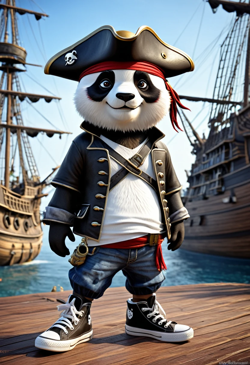 one eye covered with eye patch , anthropomorphic cute panda, charming smiling Jack Sparrow, wearing Chuck Taylor sneakers, , pirate hat, 3d cartoon character, pirate ship background, fantasy concept art, in style Greg Rutkowski, unreal engine, depth of field, ultra high quality model, intricate artwork masterpiece, golden ratio, trending on cgsociety, intricate, epic, trending on artstation, 32k, hdr