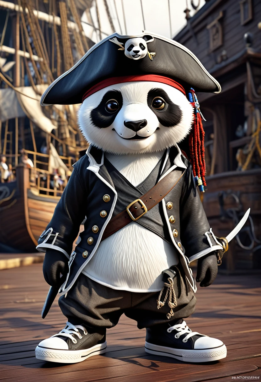 one eye covered with eye patch , anthropomorphic cute panda, charming smiling Jack Sparrow, wearing Chuck Taylor sneakers, , pirate hat, 3d cartoon character, pirate ship background, fantasy concept art, in style Greg Rutkowski, unreal engine, depth of field, ultra high quality model, intricate artwork masterpiece, golden ratio, trending on cgsociety, intricate, epic, trending on artstation, 32k, hdr