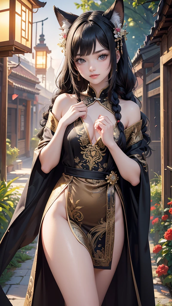 1girl, outside, garden, lavender, wolf ears, animal ears, black hair, long hair, braid hair, oriental dress, black and red dress, ornament hair, hair stick, chinesse style, sanctuary, temple, lanterns, night, 1girl, dress, solo, flowing hair, floating hair, ornament hair, perfectly body, perfectly hands, on garden, petals, centered girl, black dress, more details on her clothes, dress with transparency, golden details, daylight, smiling, cape, ((4k, masterpiece, top-quality)),8k, best quality, high resolution, HD, (illustration:0.8), super cute girl, delicate and beautiful face, mature girl, super cute hairstyle, (beautiful detailed eyes:1.6), extremely detailed face, perfect lighting, extremely detailed CG, (perfect hands, perfect anatomy), Best quality, cleavage, small skirt, perfectly Body, two arms, two legas, two hands, five fingers