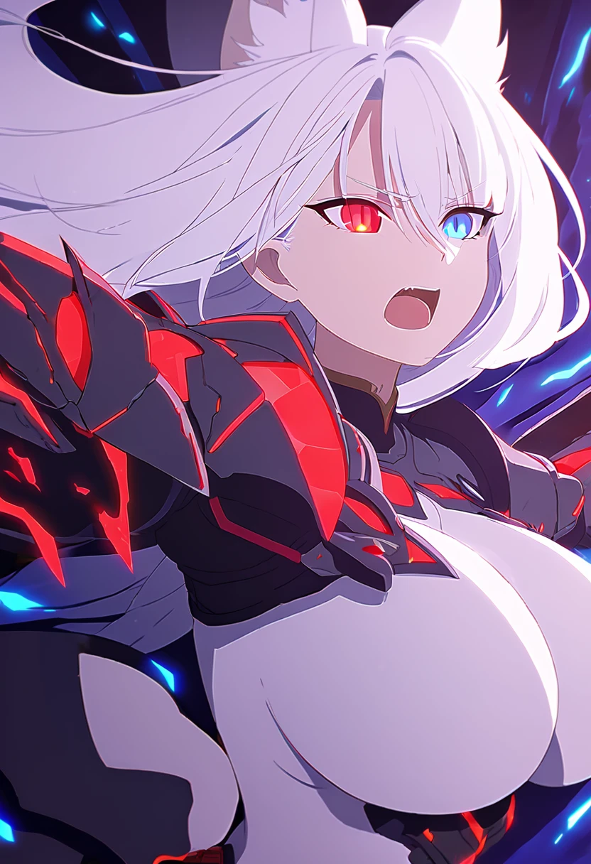 a beautiful blue and black kitsune, big breasts, long white hair, slim waist, detailed portrait, intricate details, dramatic lighting, mystical, elegant, sensual, long white tail, heterochromia(one blue eye,one red eye),wearing armor,attacking pose,alpha crimson wave,glowing eyes,surrounded by blue energy
