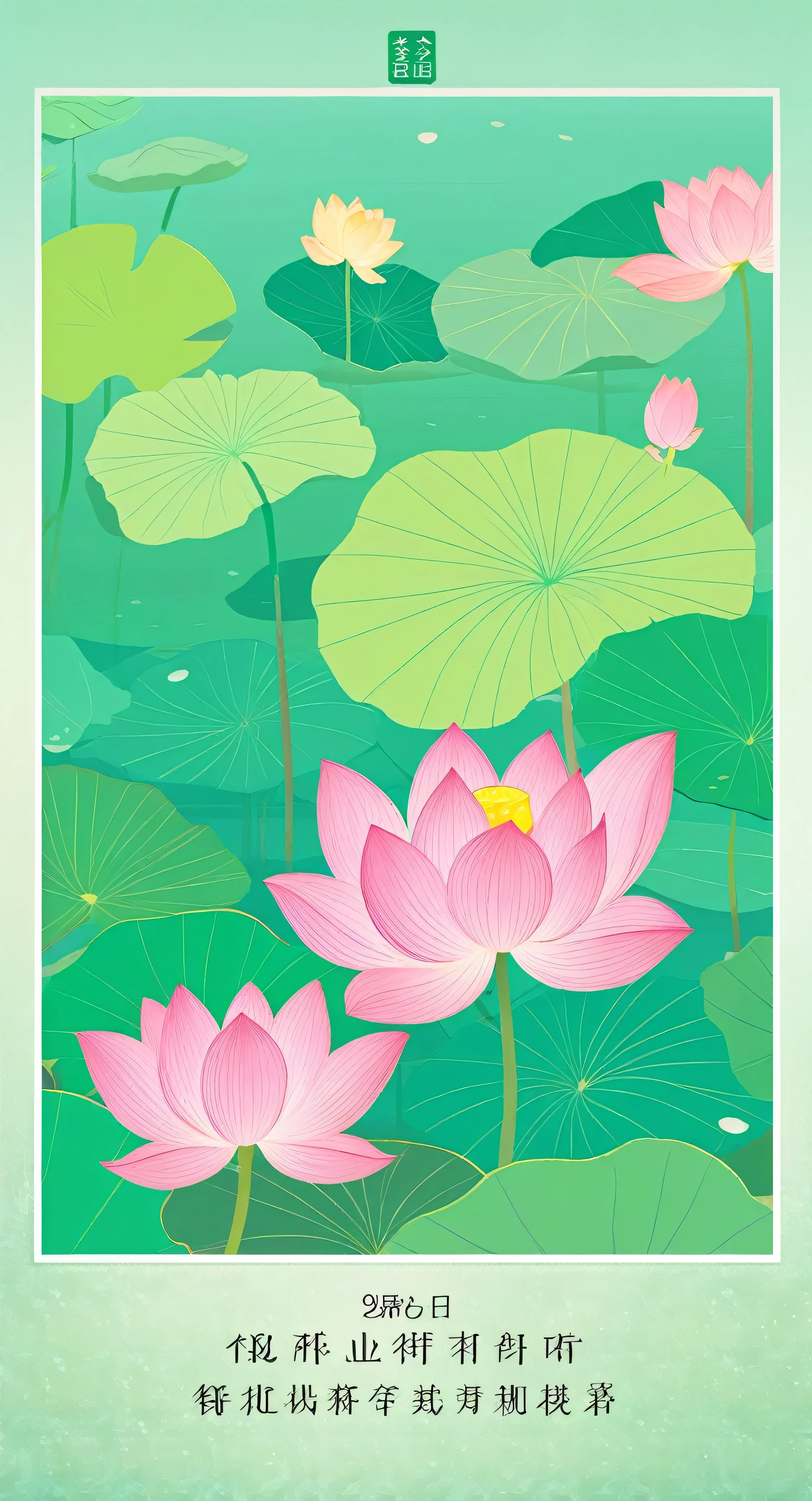 The poster is mainly pink，In the quiet wonderland，The breeze blows the green lotus leaves， The lotus is like a beautiful woman&#39;s smile，Glittering in the morning dew。The ancient pavilion is hidden among the hazy smoke and lush trees.，Like a beautiful woman wearing a light veil，Shy and waiting to bloom。The blue waves gently embrace the beautiful figure of Caiting，Bridge corridor，Like a poet humming， The drizzle falls on this quiet lake，Ripples，Like notes jumping on strings，Play a natural。Birds flying over the water，Leaving behind distant songs，All things grow in this peaceful and tranquil place，Only time flows slowly in silence,Freeze this moment of tranquility forever。 In this dream world，The fragrance of flowers，Heart changes with the scene，Every detail weaves a silent love song， Enjoy the lotus flowers and brew tea，Listen to the wind and talk about the past，Let the tranquility of paradise penetrate your heart，In this world outside the clock，Posthumous，With poetry。4k，Ultra HD