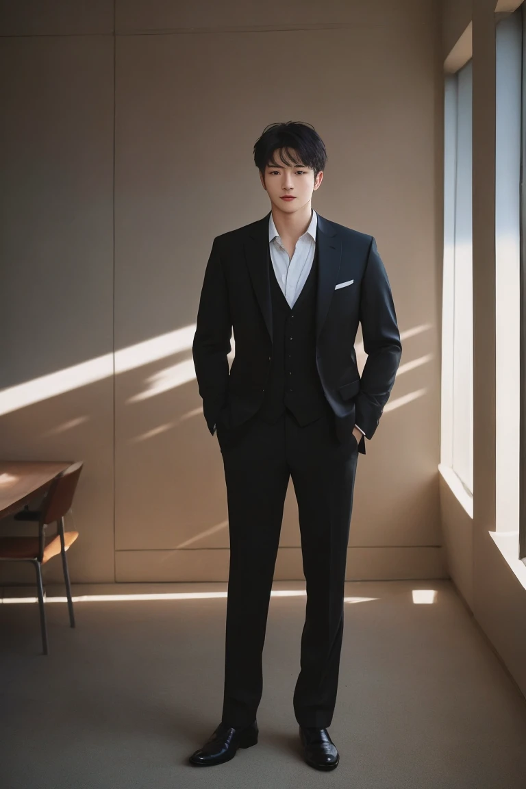 Handsome man portrait, Shoot with Leica, shadow play, Gorgeous lighting,  High-class office building，Wearing a black suit，whole body，Looking at the camera，deep feeling