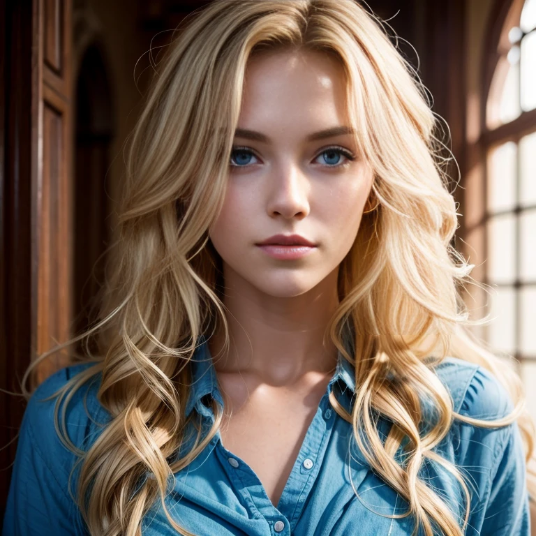 Young blond long curly hair, cinematic, hd,with blue eyes