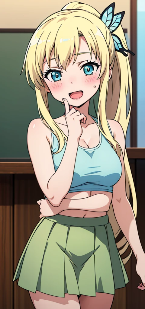 (best quality:1.1), (masterpiece:1.4), (absurdres:1.0), portrait,
1girl, kashiwazaki sena, butterfly_hair_ornament, blonde_hair, long hair, medium breastsclassroom, open_mouth, (blush:1.2), happy, cropped tank top,  skirt,( ponytail), cowboy_shot 
