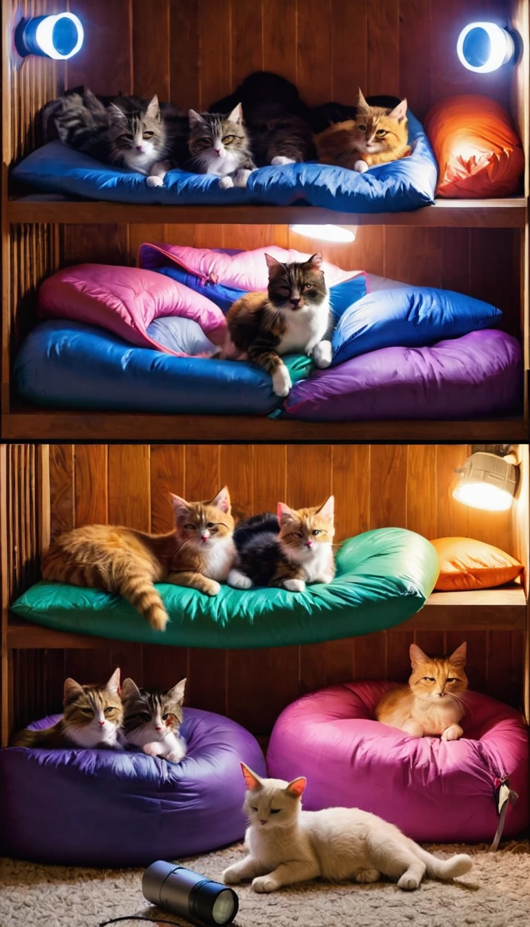 A group of cats having a sleepover, complete with tiny sleeping bags, a pillow fort, and one cat holding a flashlight while telling ghost storie