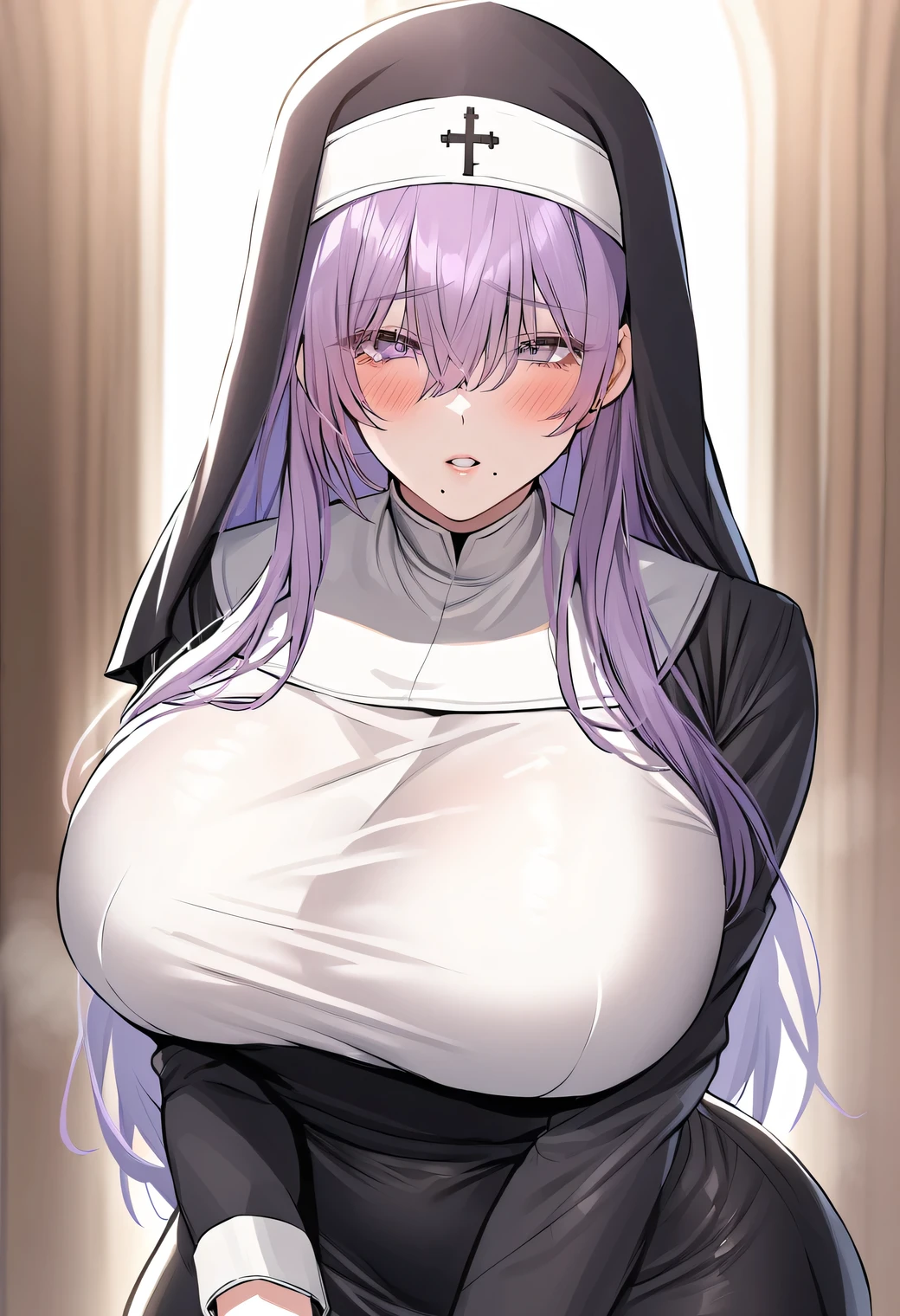 (sexy-style:1.25), nun,1girl, solo, long hair, looking at viewer, blush, large breasts, long sleeves, dress, hair between eyes, standing, purple eyes, purple hair, parted lips, mole, black dress, mole under mouth,  habit,