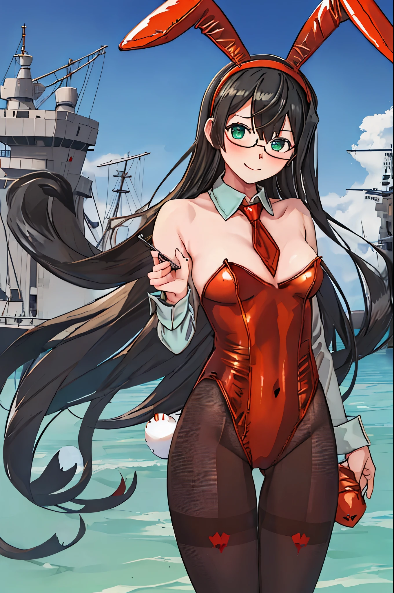best quality, masterpiece, highres, solo, {ooyodo_kantaicollection:1.15}, black_hair, long_hair, glasses, hairband, semi-rimless_eyewear, under-rim_eyewear, blue_eyes, green_eyes, small_breasts, 1girl, looking_at_viewer, necktie, harbor_background, red_necktie,angry,smile,Proudly,(bunny_suits:1.5),bunny_ears,thighs,fishnet_pantyhose,cuffs,