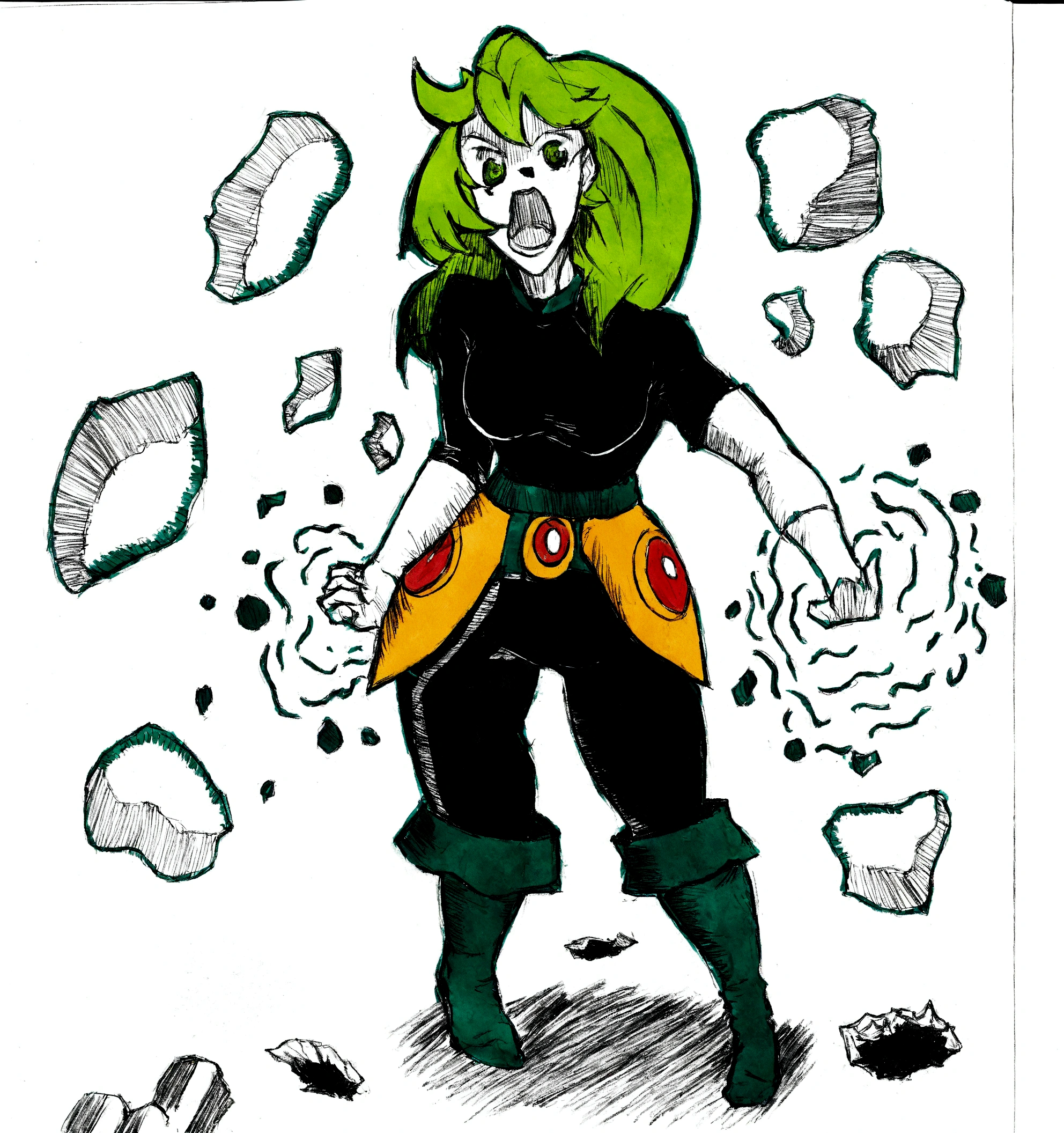 um desenho de uma mulher com cabelo verde e camisa preta, garota saiyajin, uma guerreira loira esmeralda, tela colorida, shaded cell!!!, ela tem poderes de fogo, inspirado em Leiko Ikemura, Tatsumaki, colorido digitalmente, cel - estilo de arte sombreado, desenho colorido de alta qualidade, indo super saiyan, lineart colorido